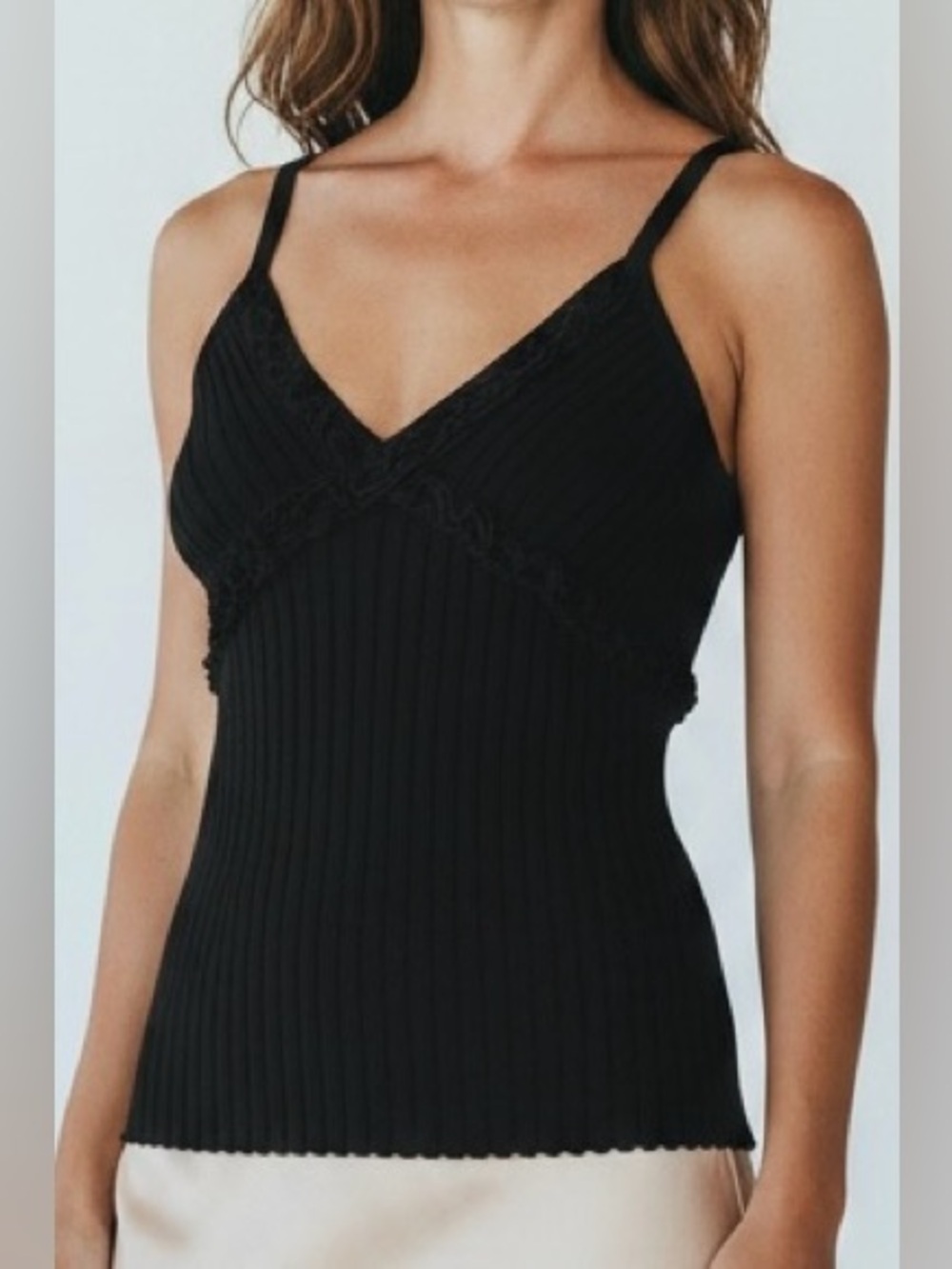 Y2K Black Ribbed Knit Tank with Ruffle Trim Whimsigoth Minimalist EUC - Picture 1 of 9